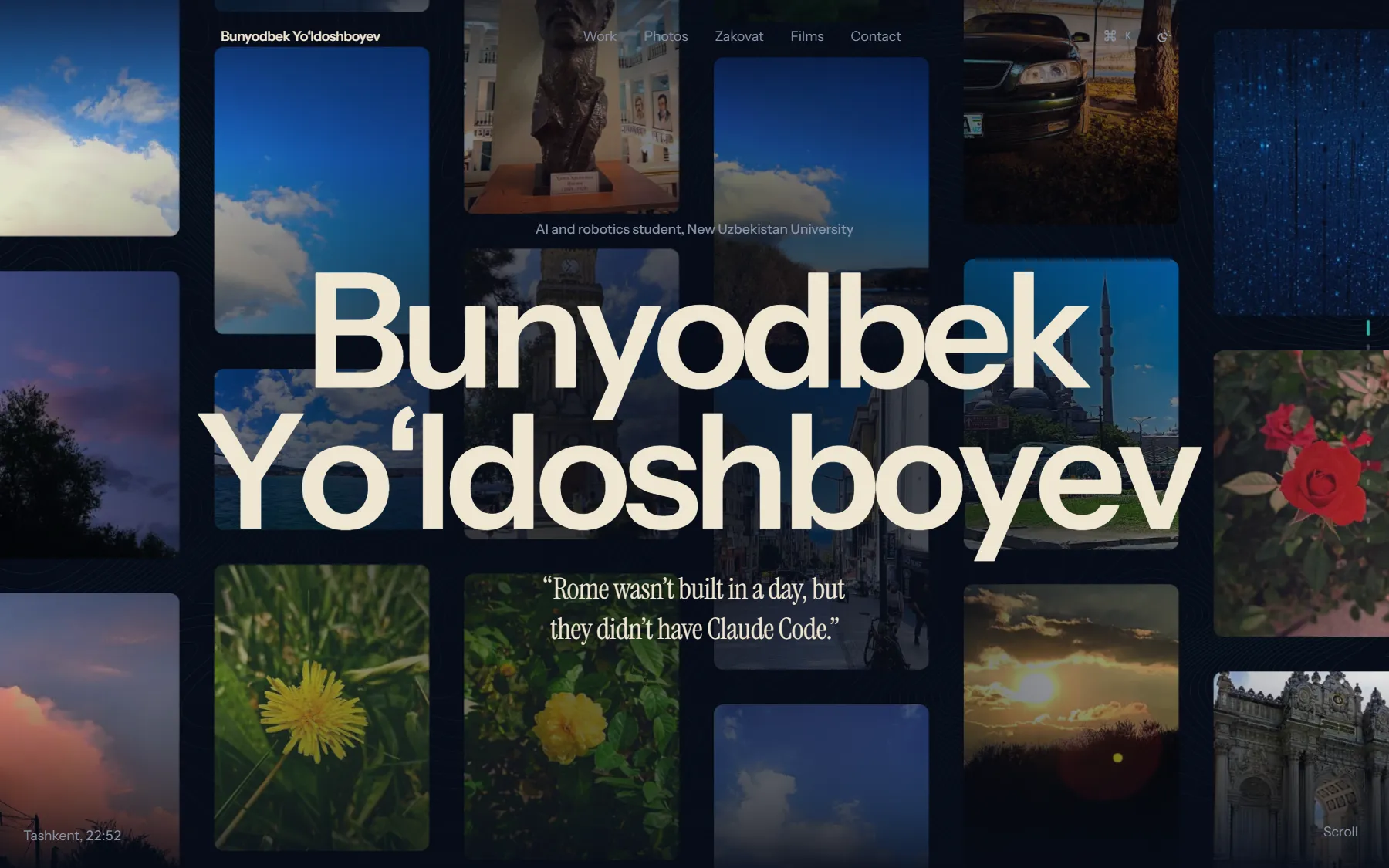 Главная страница портфолио: имя Bunyodbek Yoʻldoshboyev крупным шрифтом поверх сетки фотографий.